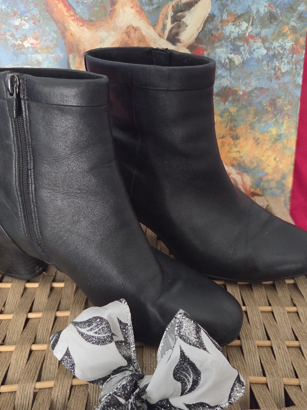Clarks "Un Cosmo Up" Black Leather Ankle Booties with Side Zip & 2" Comfort Heel